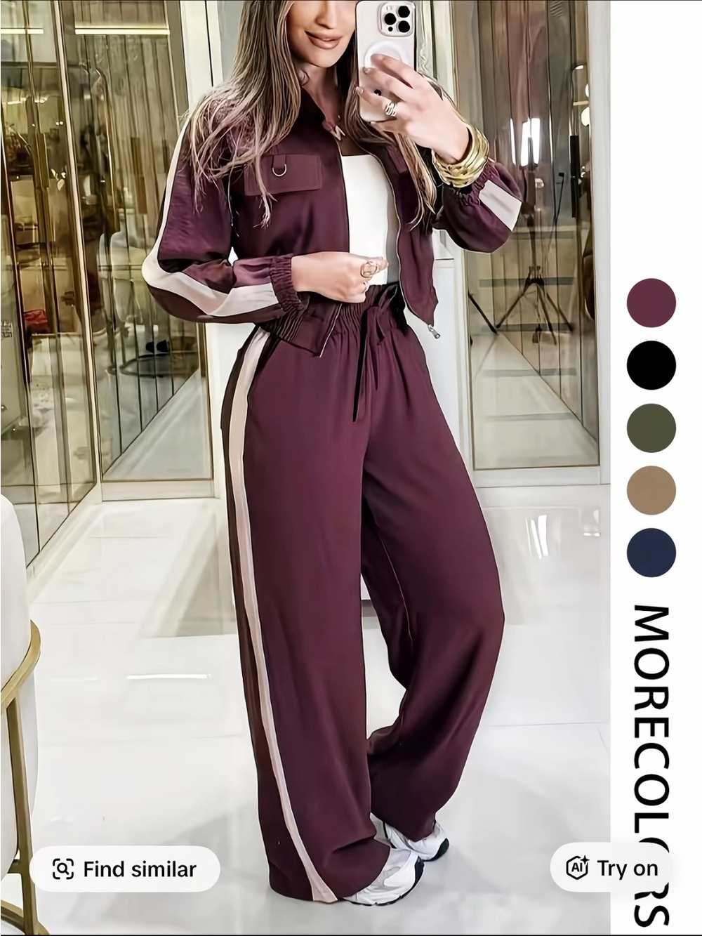 Wide-Leg Track Pants in Maroon with Cream Side Stripe